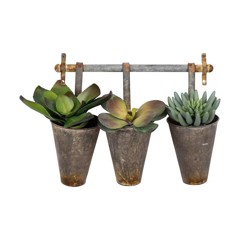 Metal Wall Rack with 3 Tin Pots - Storied Home: Rustic Outdoor Wall-Mounted Planter, Patio Clearance