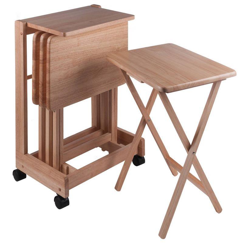 Natural Wood 5-Piece Snack Table Set with Serving Cart