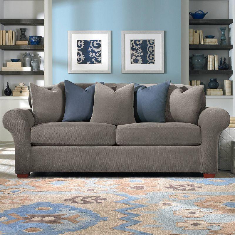 3pc Stretch Pique Sofa Slipcovers Flannel Gray - Sure Fit: Furniture Protector, Indoor Elastic Fit