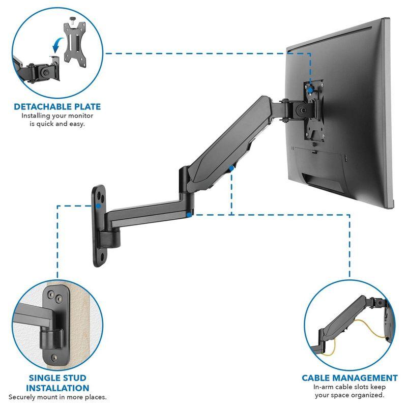 Mount-It! Single Monitor Wall Mount Arm | Height Adjustable Computer Bracket with Full Motion Gas Spring Arms | VESA 75 and 100 | Black