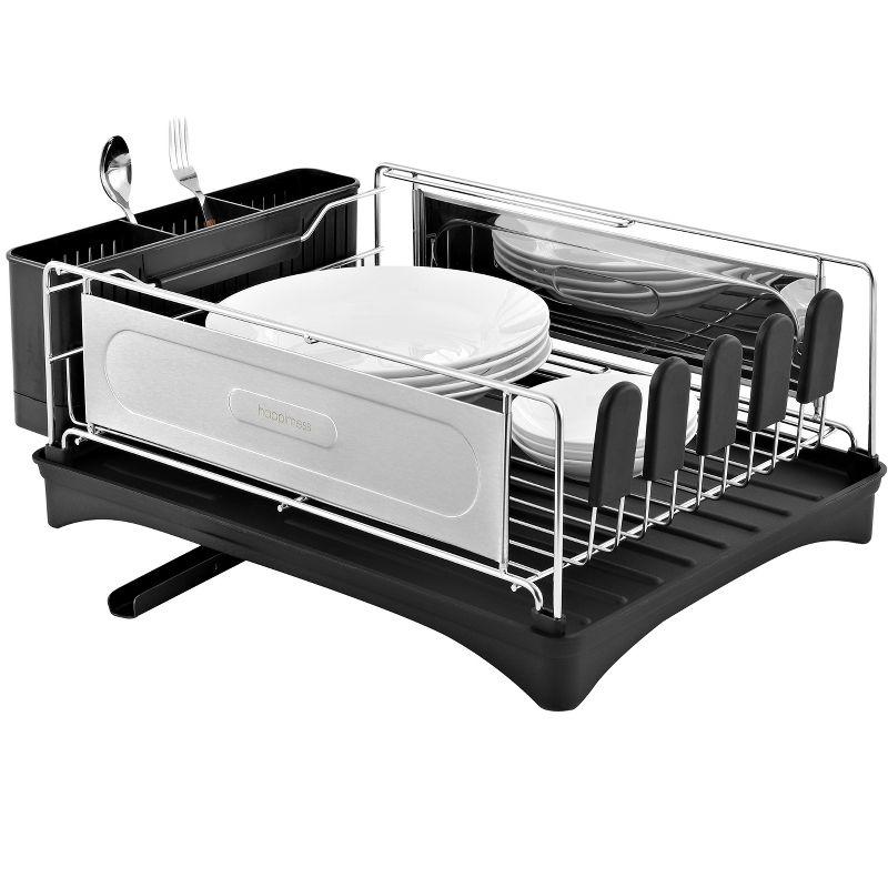 happimess Compact 18.25" 2-Tier Fingerprint-Proof Stainless Steel Dish Drying Rack with Swivel Spout Tray, Stainless Steel/Black