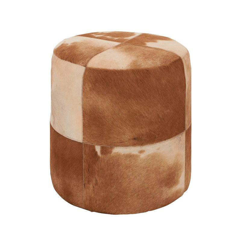 Olivia & May Wood and Leather Rustic Round Ottoman Brown: Contemporary Accent Stool, No Assembly Required