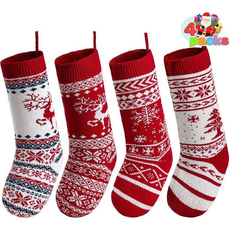 Red and White Knit Christmas Stockings with Holiday Patterns, 18" Set of 4