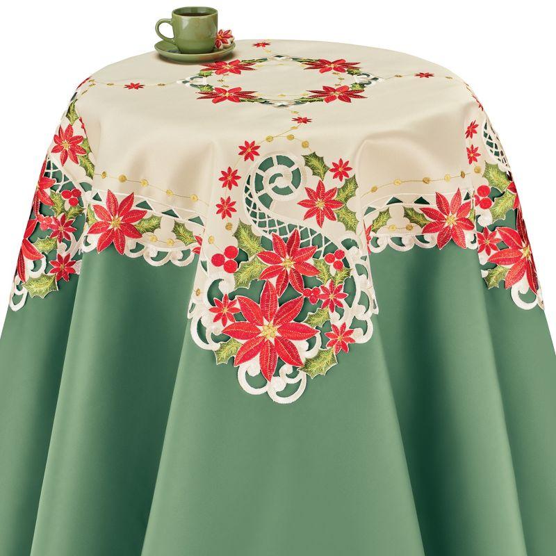 Vintage Poinsettia Embroidered Square Winter Table Topper