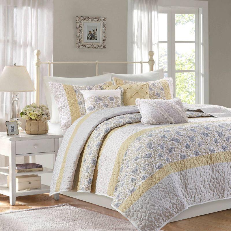 Yellow King Cotton Reversible Quilt Set with Decorative Pillows