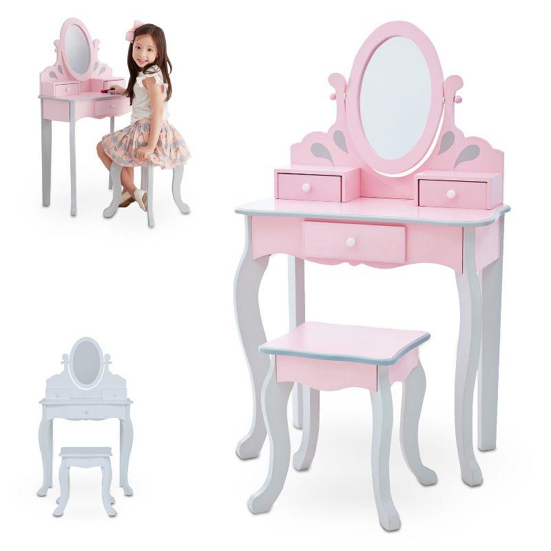 Princess Rapunzel Pink and Grey Wooden Vanity Set with Bench