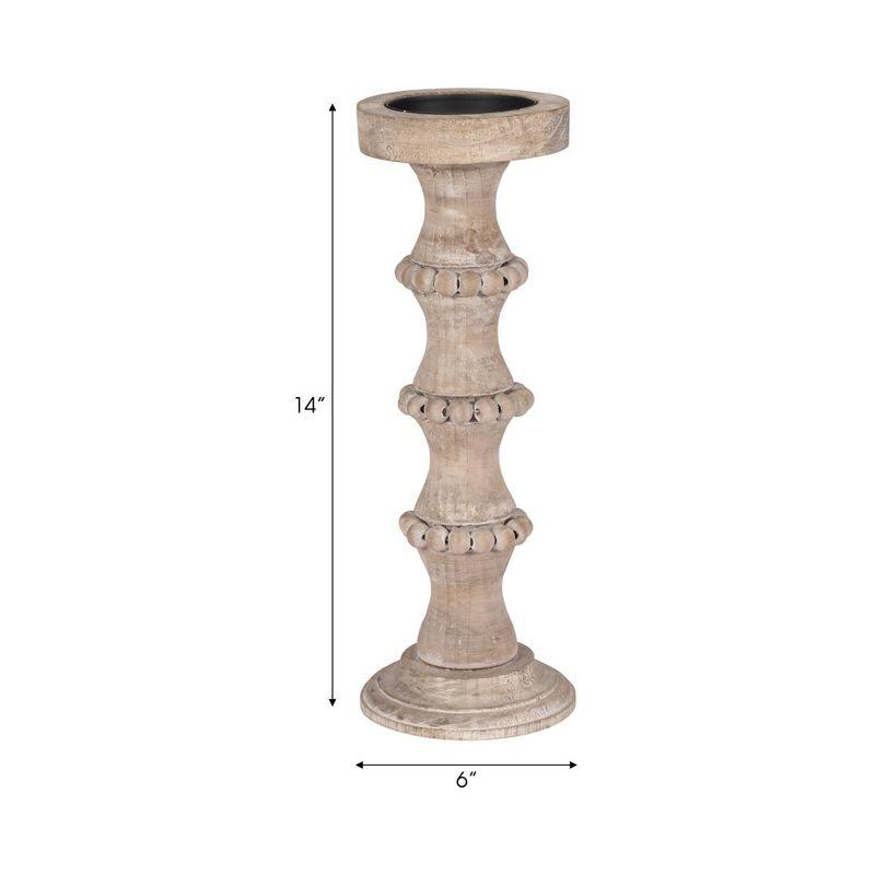 Wood Pillar Candle Holder with Decorative Beads, Antique Finish Candlestick for Home or Wedding Decor, Ivory/Beige