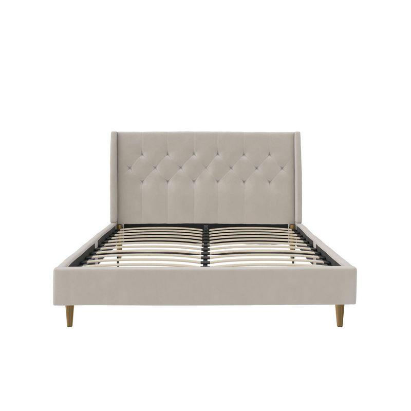 Ivory Velvet Queen Platform Bed with Diamond Tufted Wingback Headboard