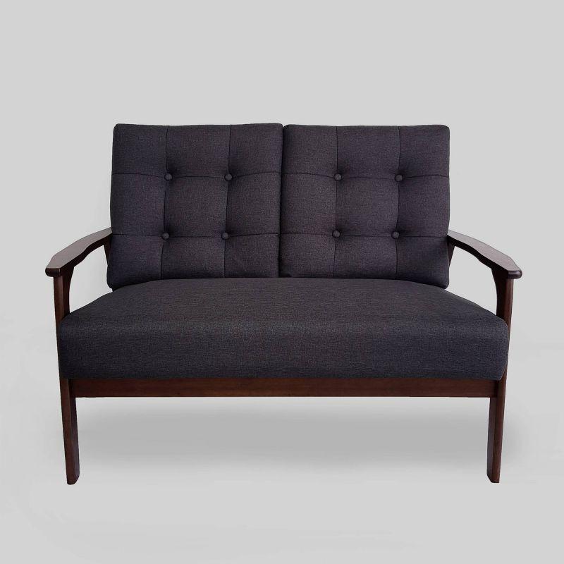 Mid-Century Black Tufted Fabric Loveseat with Walnut Wood Frame