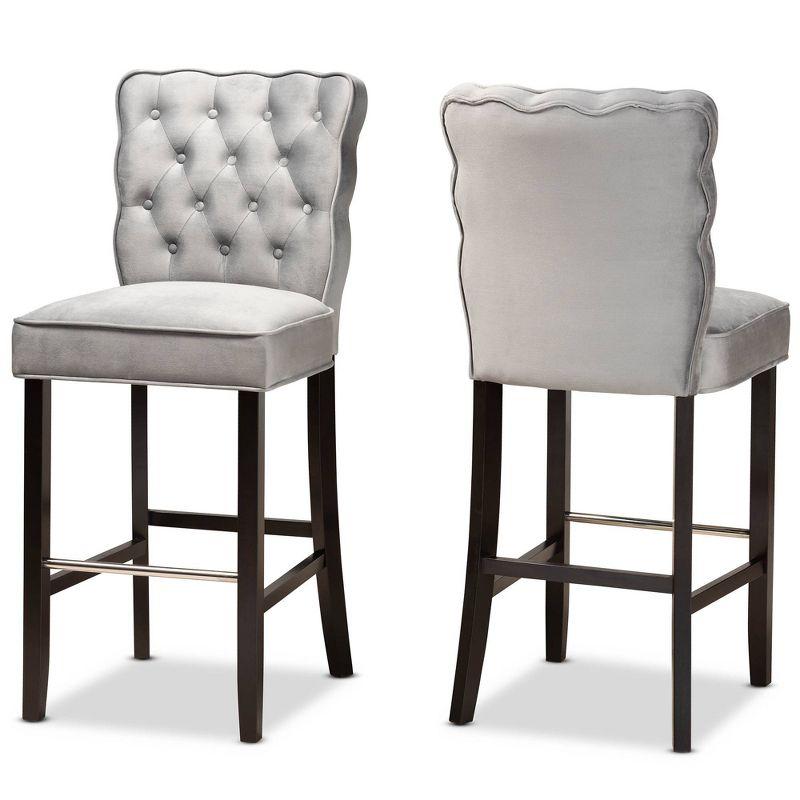 2pc Daphne Velvet Fabric Upholstered and Wood Counter Height Barstool Set Gray/Brown - Baxton Studio: Elegant Tufted Design, Silver-Tone Footrest