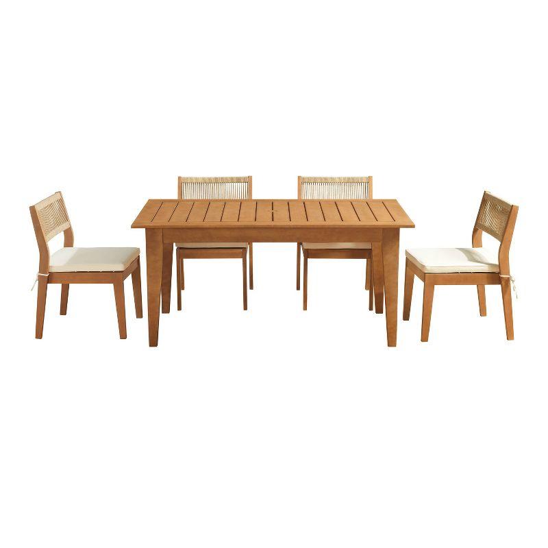 Pomona 5 Pc Patio Dining Set Wood One 63" Outdoor Dining Table 4 Stackable Chairs With Cushions