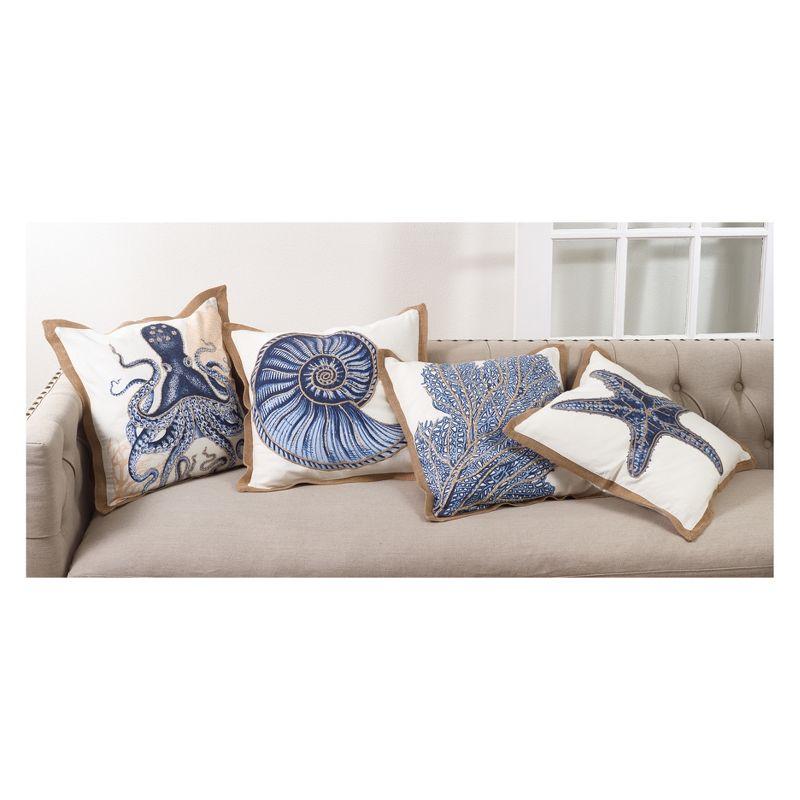 20" Navy Blue Starfish Embroidered Cotton Square Throw Pillow