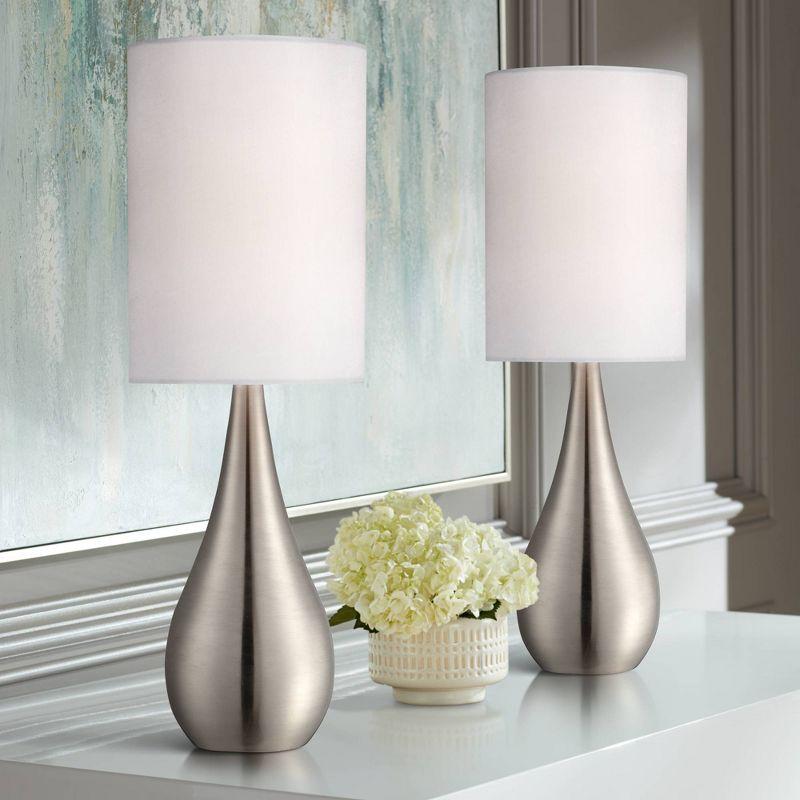 360 Lighting Evans Modern Accent Table Lamps 21" High Set of 2 Brushed Nickel Metal Teardrop White Cylinder Shade for Bedroom Living Room House Home