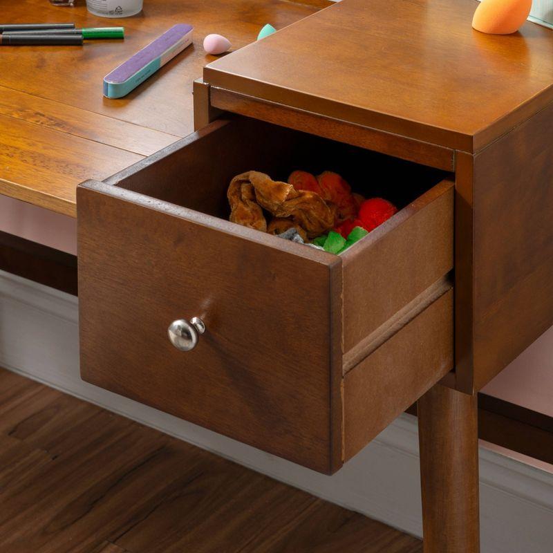 Viola Mid-Century Modern Flip-up Mirror 2 Drawer Vanity and Upholstered Stool Brown - Linon: Rubberwood, MDF, Lift-Top Storage