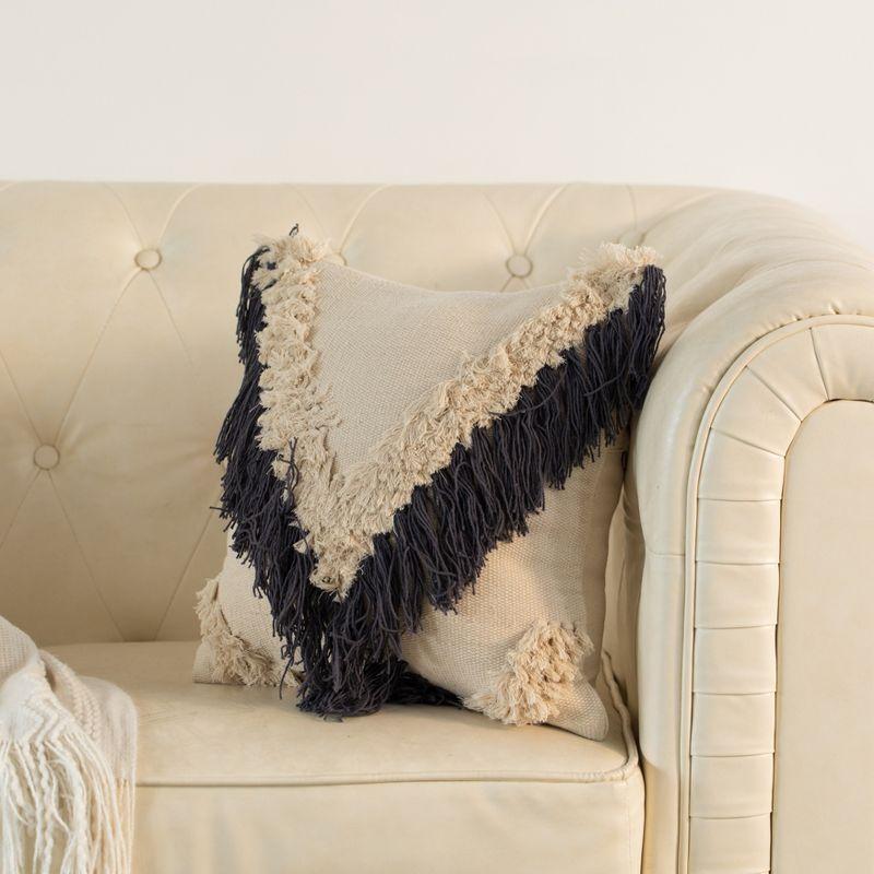 Deerlux 16" Handwoven Cotton Throw Pillow Cover with Embossed and Fringed Crossed line with Insert