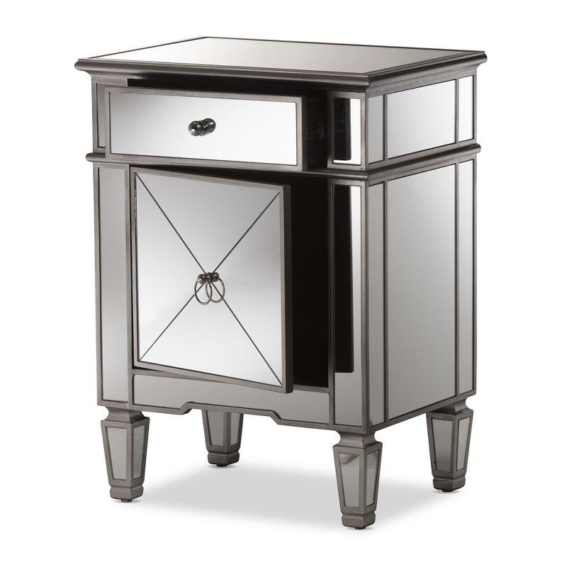 Claudia Hollywood Regency Glamour Style Mirrored Nightstand - Baxton Studio: Silver Lacquered, MDF Composite, No Assembly Required