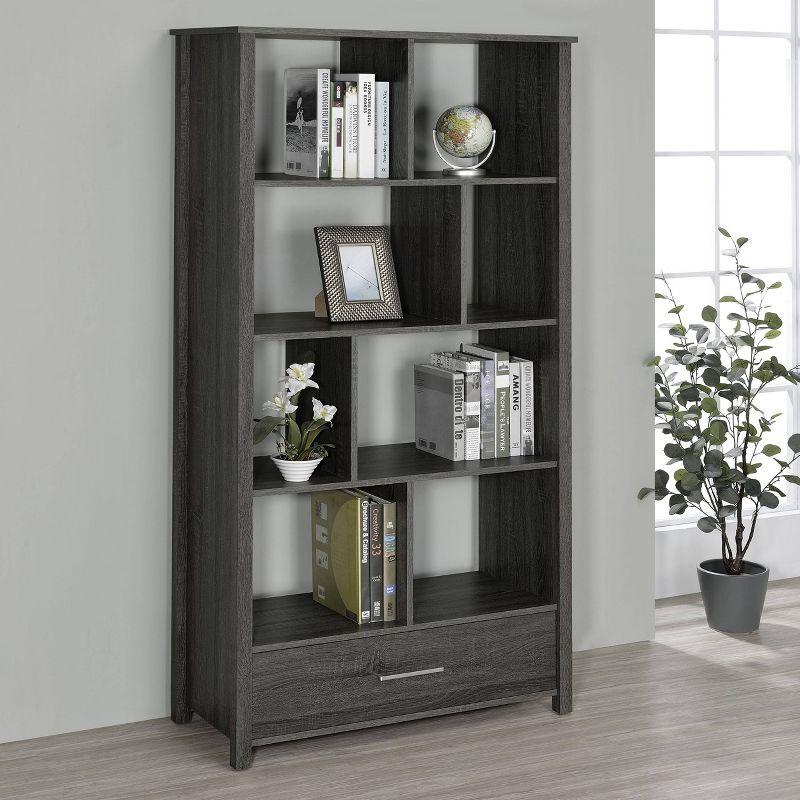 68" Dylan 8 Shelf Bookcase with Storage Drawer Weathered Gray - Coaster: Modern Home Office Furniture