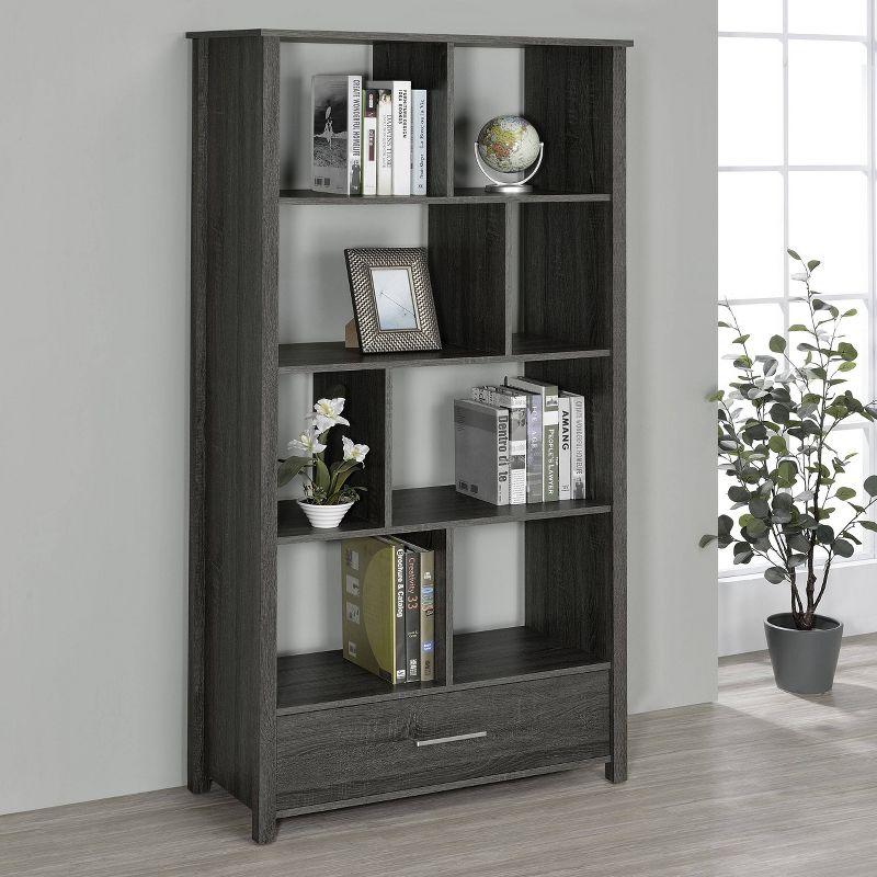 Weathered Gray 8-Shelf Bookcase with Storage Drawer