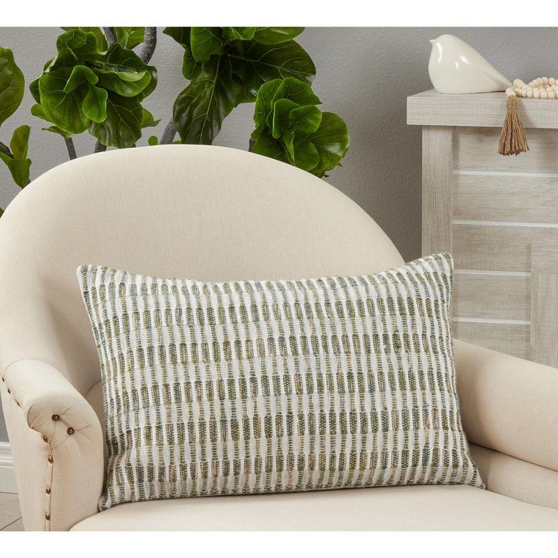 Green and White Cotton Woven Line Pillow Cover