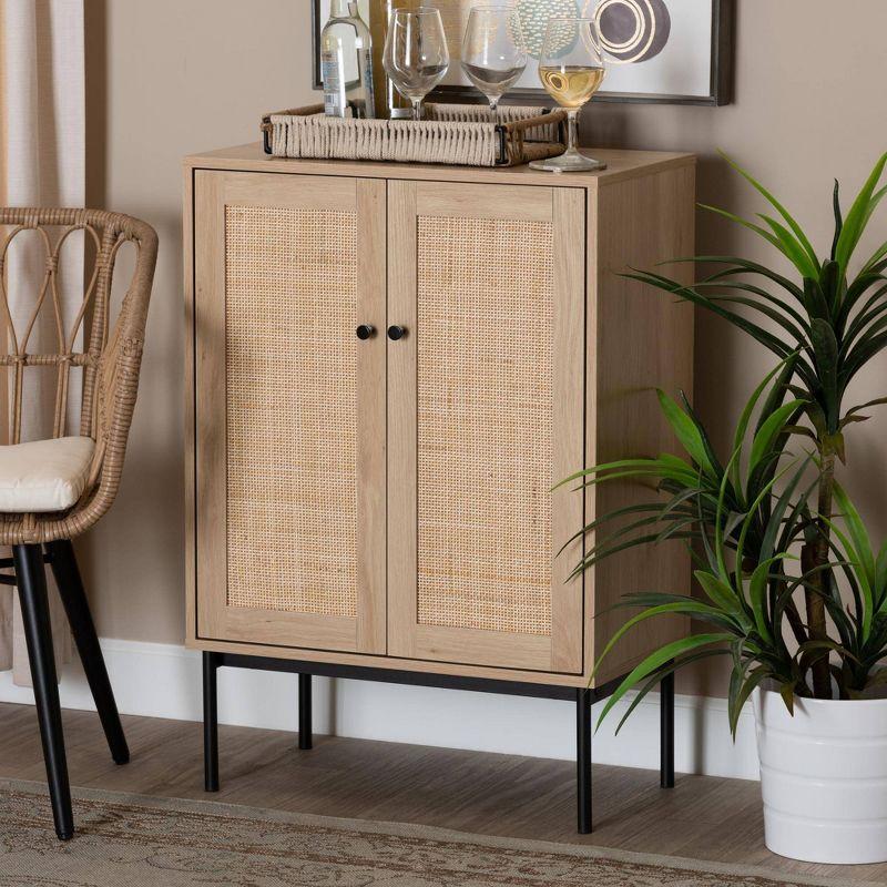 Sherwin 2 Door Storage Cabinet with Woven Rattan Accent Light Brown/Black - Baxton Studio: Mid-Century, Metal Base, Wood Frame