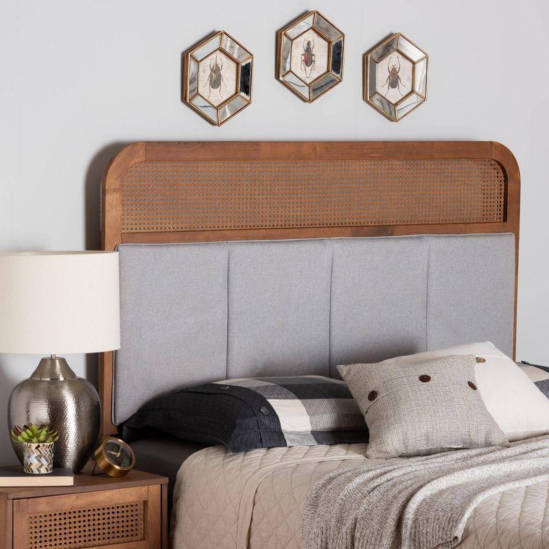 Baxton Studio King Esti Fabric and Wood Headboard with Rattan Light Gray/Ash Walnut: Mid-Century Design, 5 Adjustable Heights