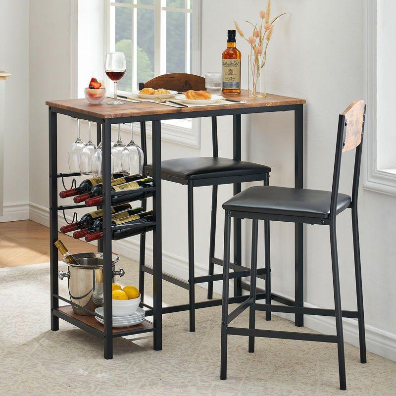 Whizmax Bar Table Set for 2 with Footrest, Kitchen Dining Table with 2 Upholstered Chairs, Small Space Counter Height Barstools for Counter Bar, Brown