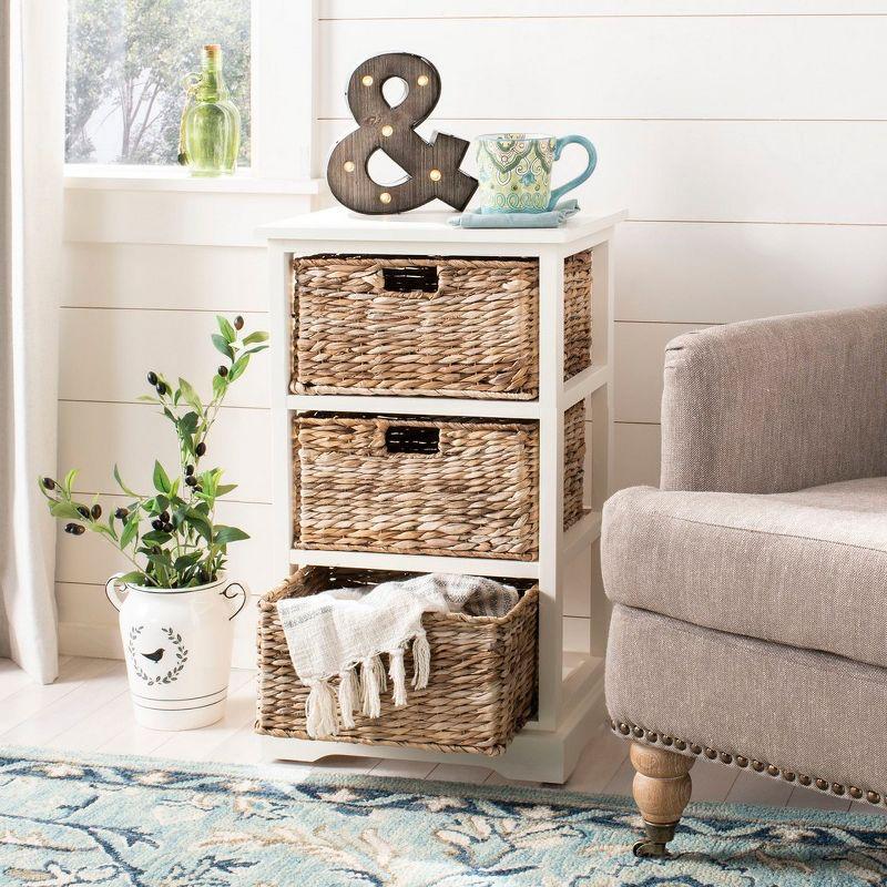 Distressed White Pine Wood 3-Drawer Side Table with Wicker Baskets