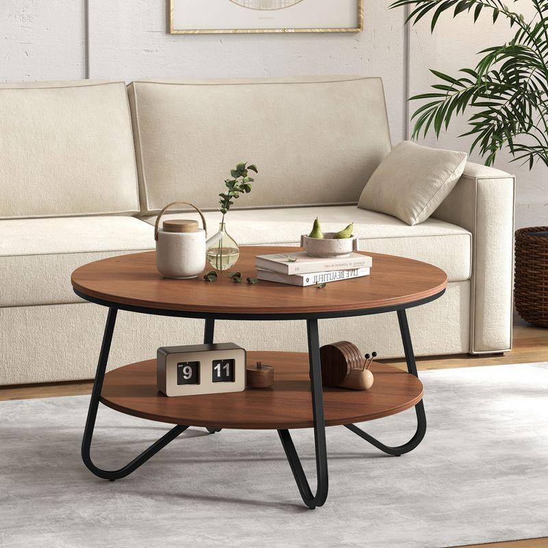 Costway 2-Tier Round Coffee Table with Wood Grain Finish & Heavy-duty Metal Frame