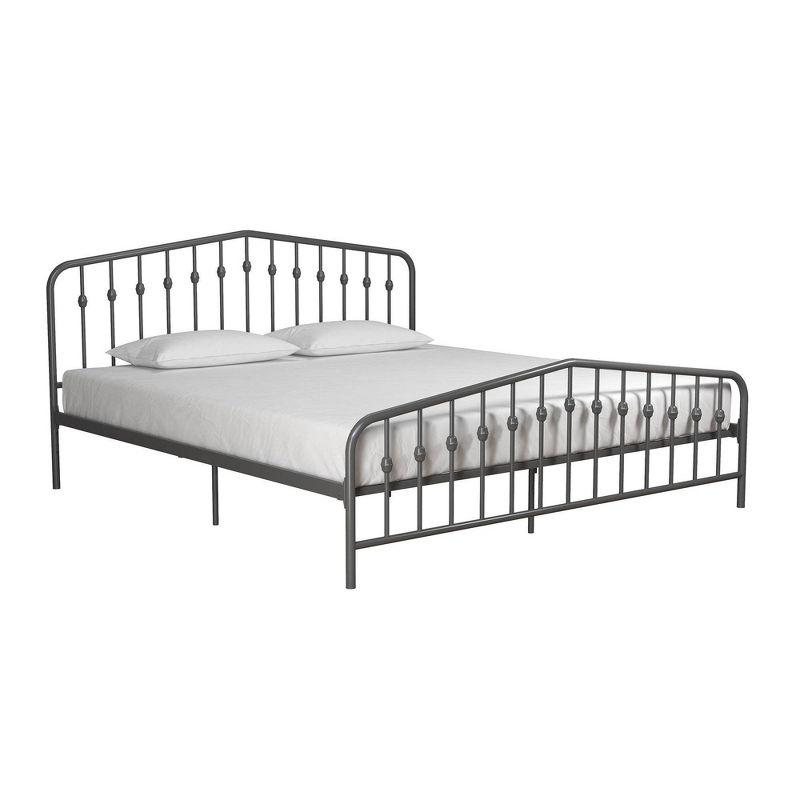 King-Size Gunmetal Gray Metal Bed with Upholstered Headboard and Storage Drawer