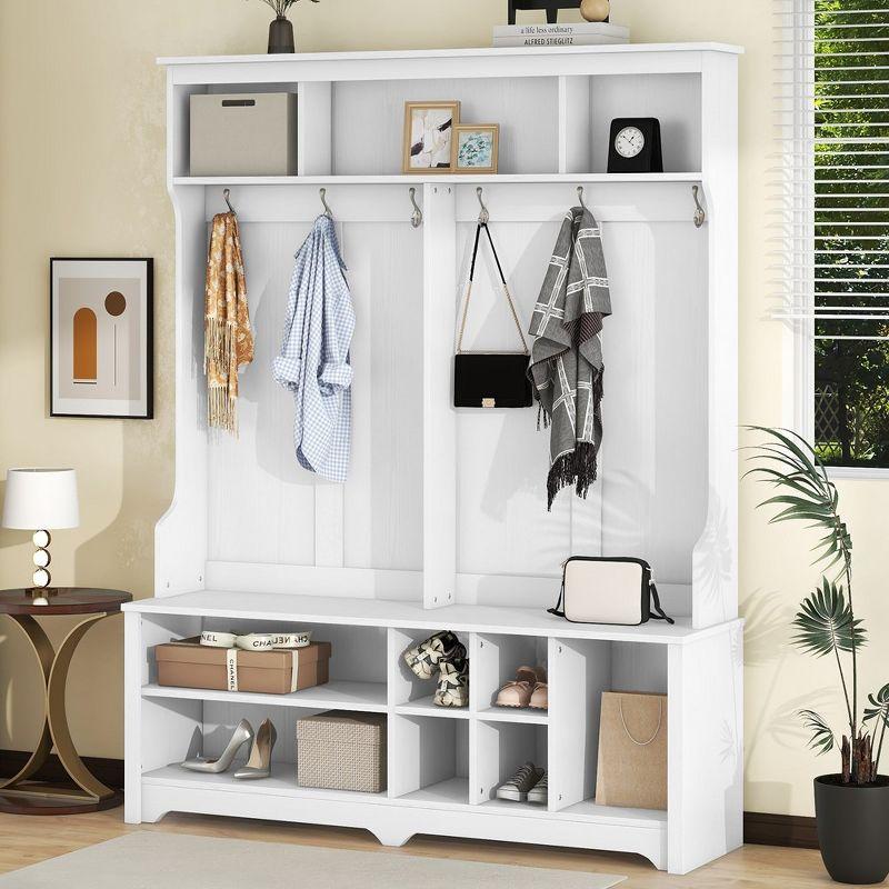 White MDF Hall Tree with Storage Bench and Metal Hooks