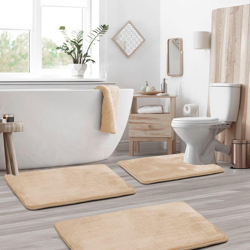 Hearth & Harbor 3 Piece Bathroom Rugs Bath Mat Set, Non-Slip Velvet Memory Foam Bath Mats, Beige Cream