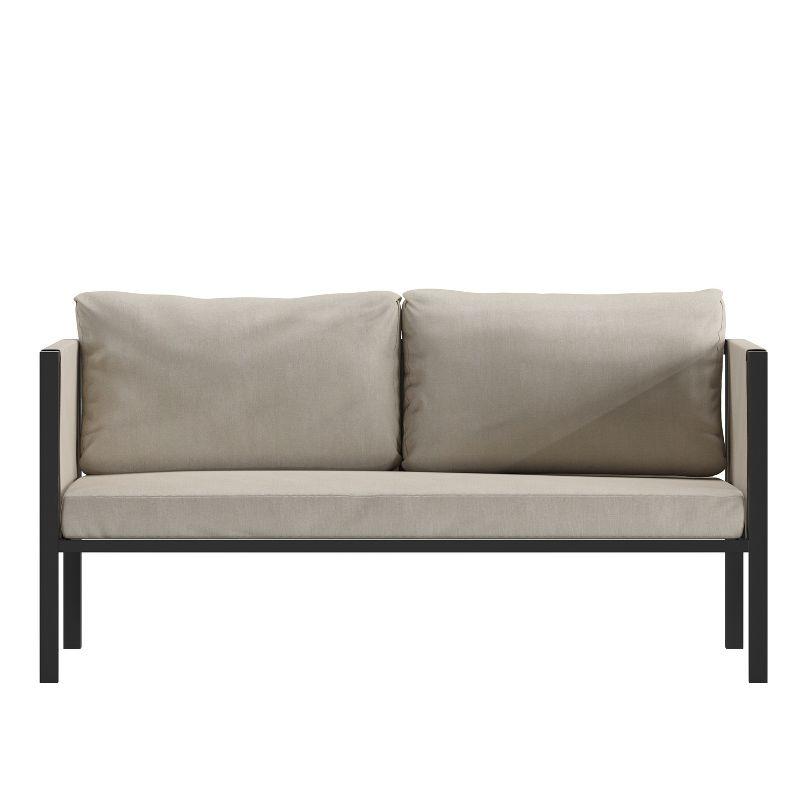 Flash Furniture Lea Indoor/Outdoor Loveseat with Cushions - Modern Steel Framed Chair with Storage Pockets, Black with Beige Cushions