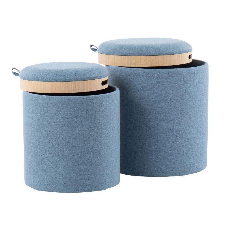 Turin Blue Fabric Nesting Storage Ottoman Set with Tray and Natural Wood