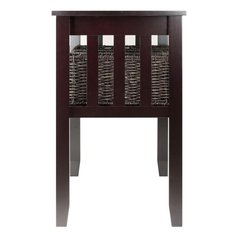 Transitional Espresso Brown Rectangular Console Table with Glass Top & Storage Baskets