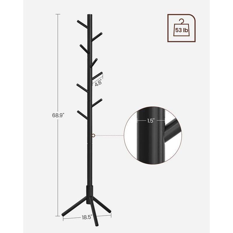 Black Solid Wood Free Standing Coat Rack with 8 Hooks