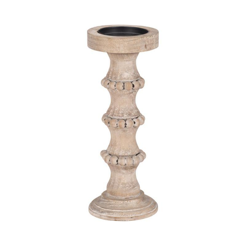 Sagebrook Home Wood Pillar Candle Holder with Decorative Beads, Antique Finish Candlestick for Home or Wedding Decor, Ivory/Beige, 5 L x 5 W x 13 H