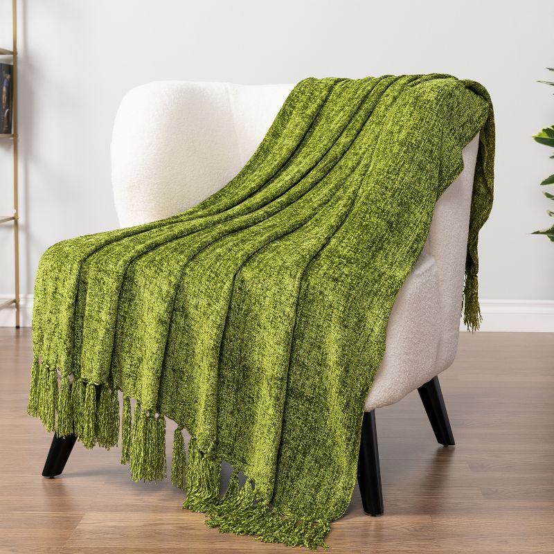 PAVILIA Chenille Throw Blanket with Woven Knitted Tassel Fringe for Couch, Living Room Decor and Bed, Olive/Twin - 60x80