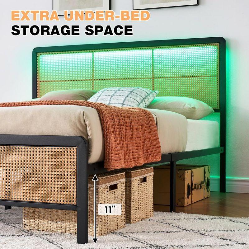 Garvee Rattan Platform Bed Frame Full Size with Headboard Led Light, Modern Style Cane Boho Bed Frames with Steel Slat Support, Black