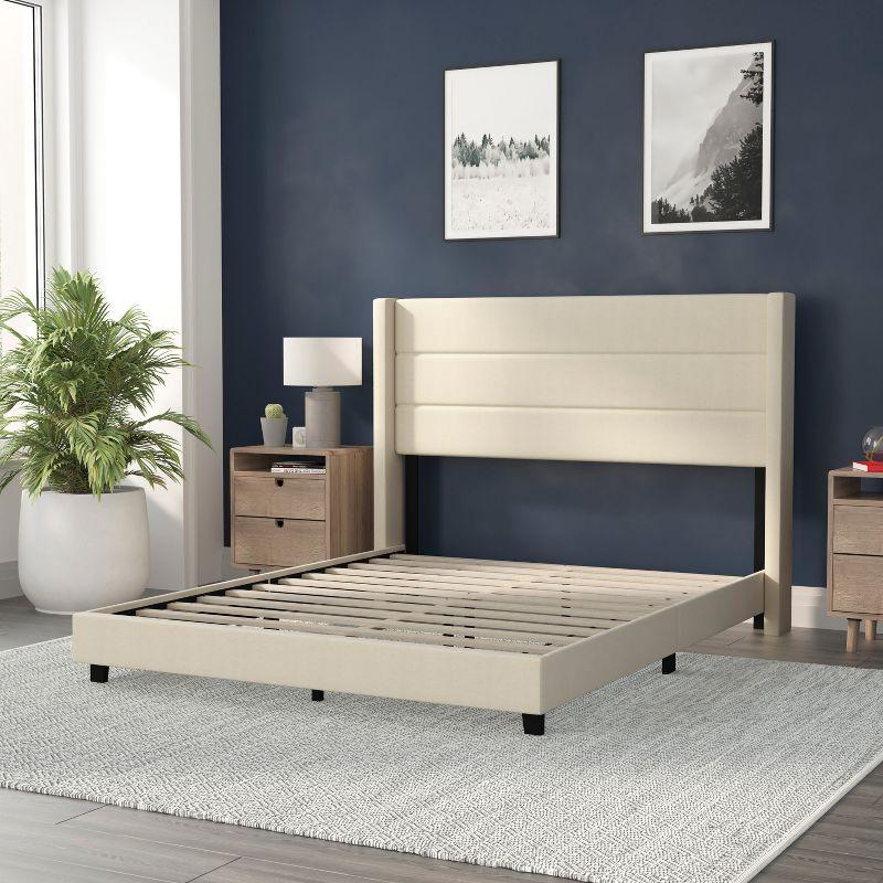 Flash Furniture Hollis Queen Upholstered Platform Bed with Wingback Headboard, No Box Spring Needed, Beige Faux Linen