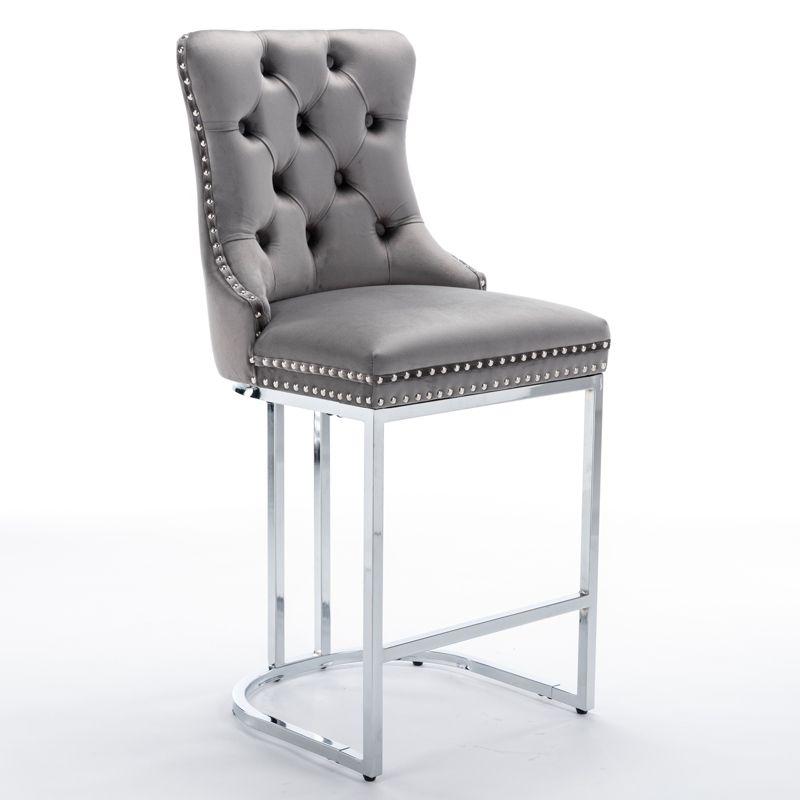 DOMETOUR 25" Counter Height Bar Stools Set of 2 Modern Velvet Upholstered Barstools with Button Back & Rivet Trim Gray