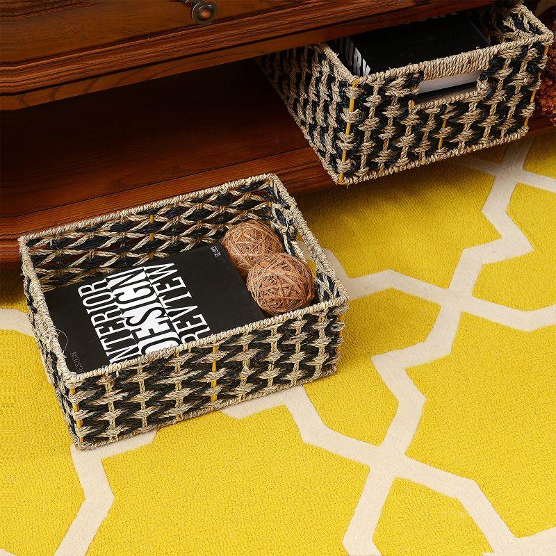 Villacera Rectangle Hand Weaved Wicker Baskets made of Water Hyacinth - Set of 2 Nesting Black and Natural Seagrass Bins