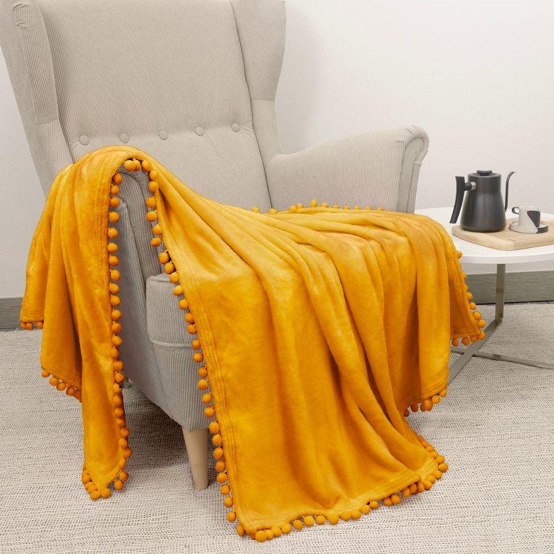 Cozy Mustard Yellow Twin Fleece Throw with Pom Pom Fringe