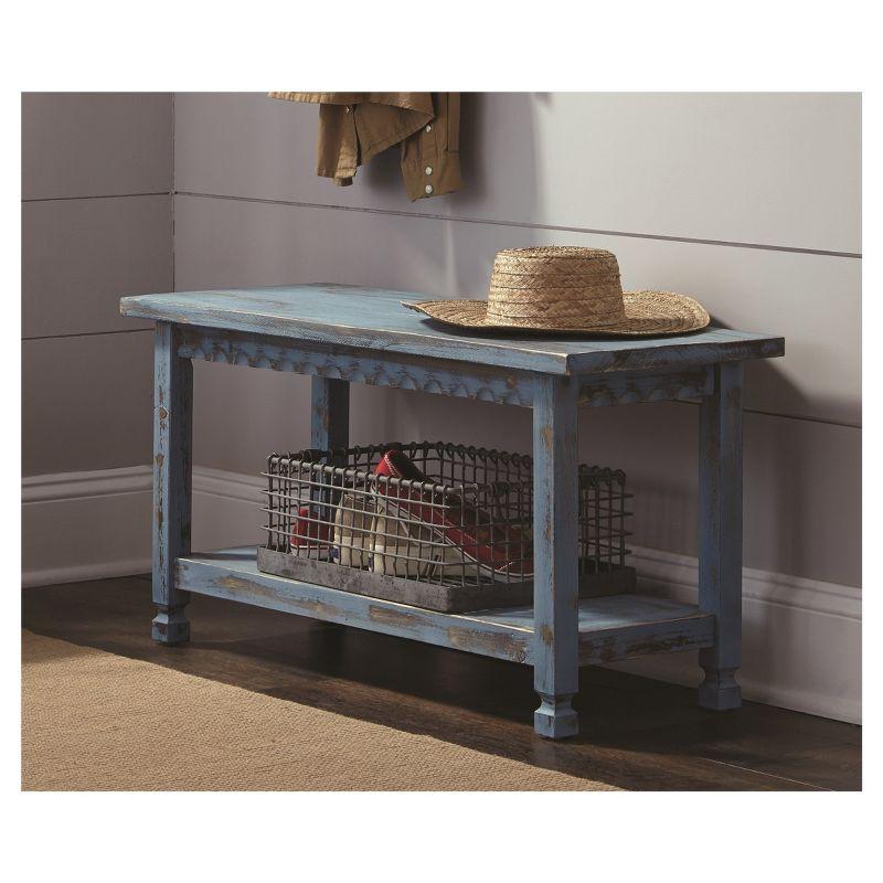 Blue Distressed Wood Entryway Bench with Shelf