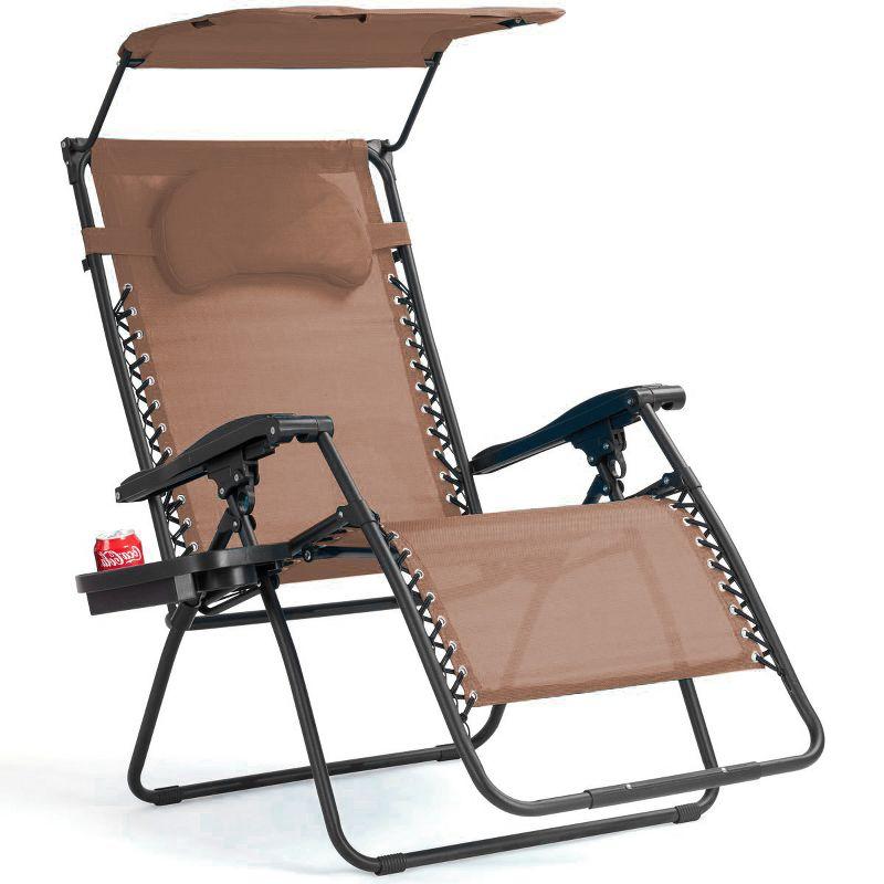 Brown Steel Frame Zero Gravity Recliner with Canopy and Cup Holder