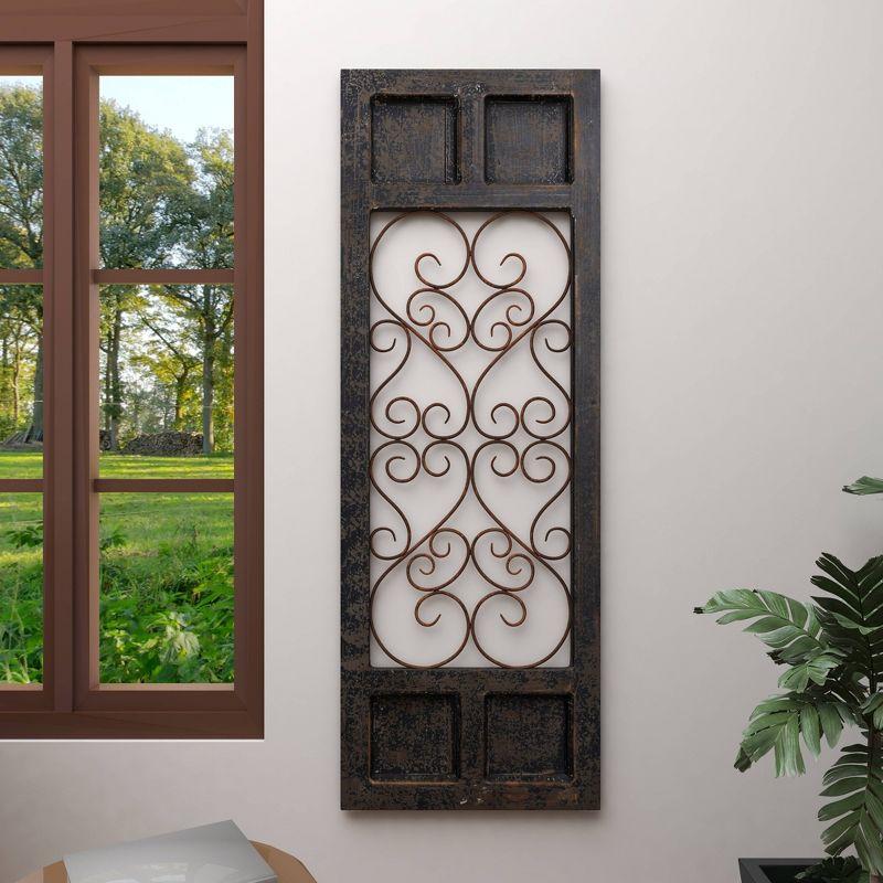 Olivia & May Traditional Wood Scroll Window Inspired Wall Decor with Metal Scrollwork Relief Brown: Vertical Iron Frame, Carved Art Object