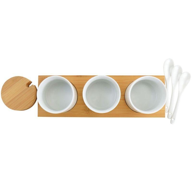 White Ceramic Condiment Jars with Bamboo Lids and Base, 10-Piece Set