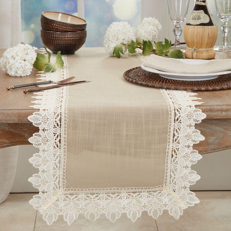 Saro Lifestyle Dining Table Runner With Laced Trim, Taupe, 16" x 72"