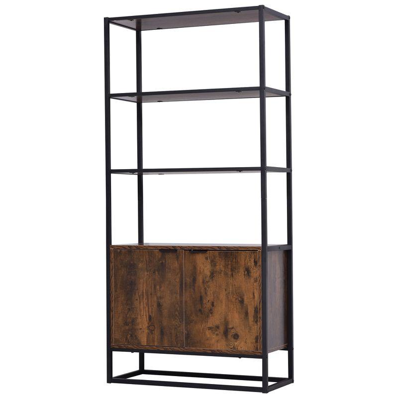 Brown Tall Baker's Rack with Open Shelves and Cupboard