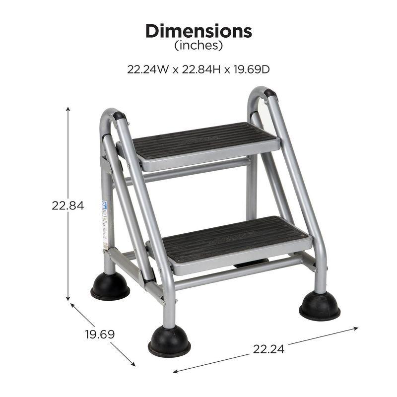 Platinum and Black 2-Step Steel Rolling Step Ladder with Suction Stabilizers