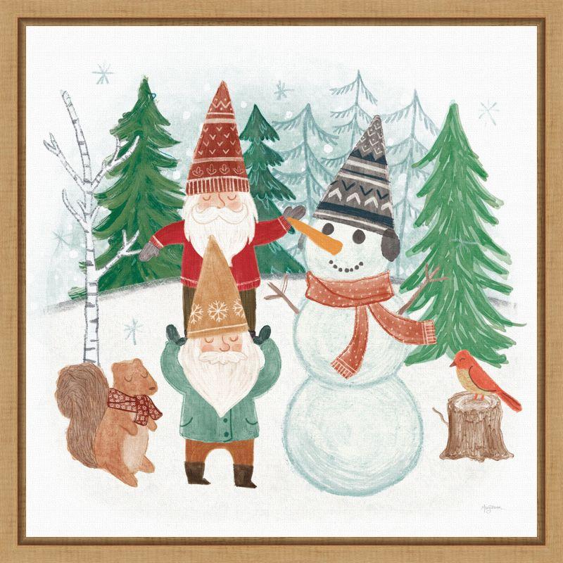 Woodland Gnomes and Snowman Holiday Canvas Art Print, 16 x 16 inches